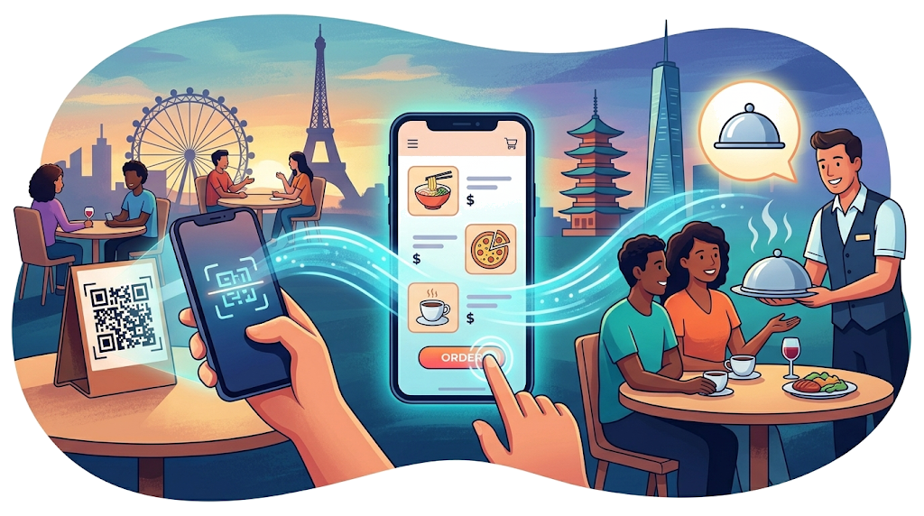 Restaurant QR ordering flow: guest scans a table QR code and places an order from their phone
